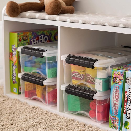 IRIS USA Stackable Plastic Storage Bins - BPA-Free, Durable Nestable Containers, 6 Quart, 3 Pack - Clear/Black