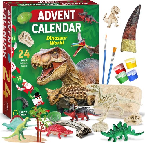 Dinosaur World Advent Calendar - 24 Days of Prehistoric Surprises with Dino Figurines & Fossil Dig | Perfect Xmas Gift for Kids