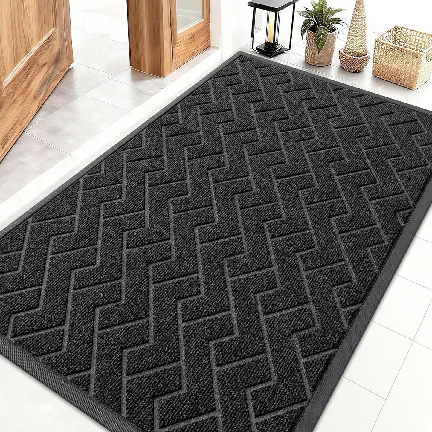 OLANLY Waterproof Front Door Mat - All-Season Indoor/Outdoor Herringbone Design | Easy Clean, Low Profile (Black, 47x32)
