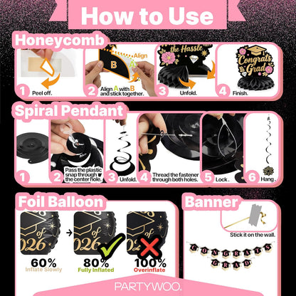 PartyWoo Graduation Decorations - Class of 2026 Black, Gold & Pink 19-Piece Set with Banner & Balloons