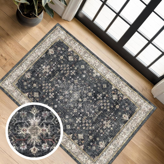 Skiennix Black Washable Entry Rug - Non-Slip Rubber Backing | Stain & Fade Resistant, 2x3 Size