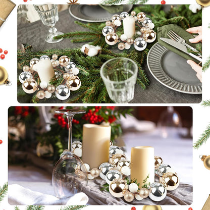 Regine Switzerland Christmas Ball Candle Rings - Glitter Gold & Silver | 3.2 Inch Pillar Candle Holders for Rustic Winter Decor
