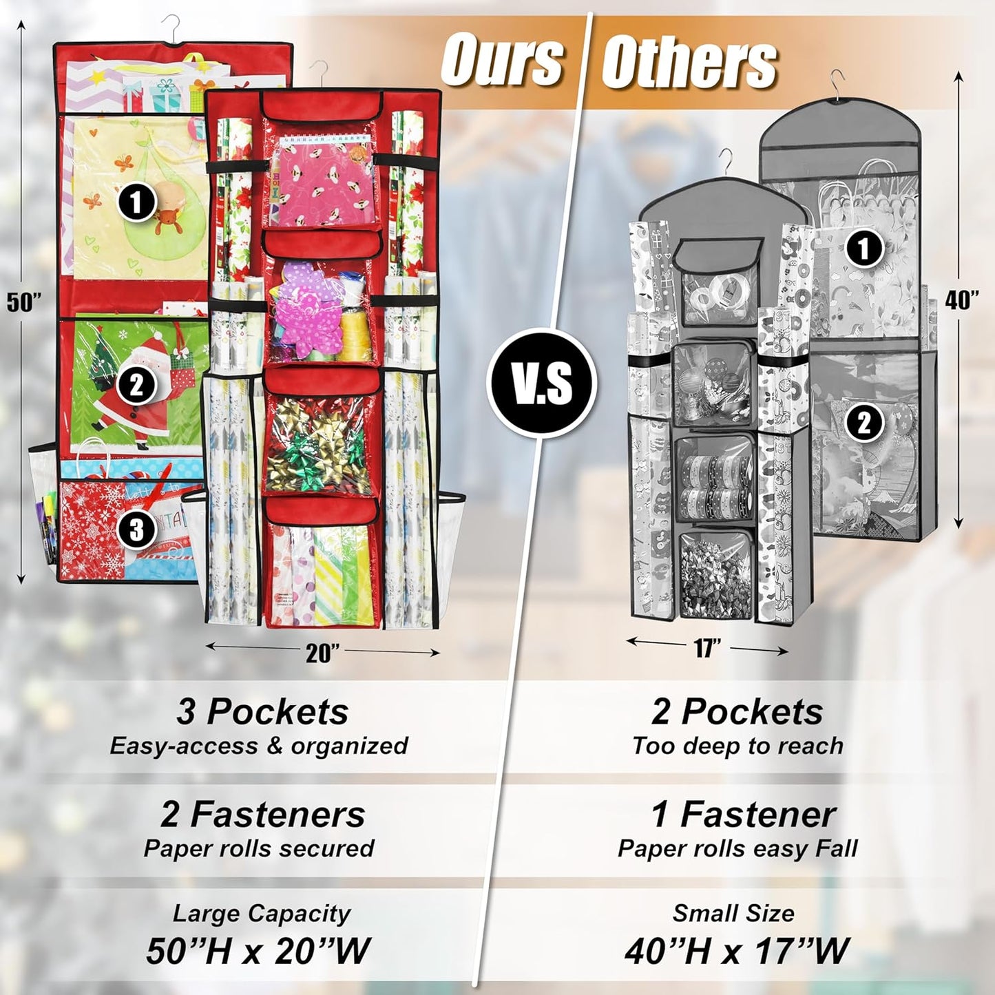 Simple Houseware Double-Sided Gift Wrap Organizer - Red Storage Pockets (Set of 1)