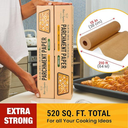 Baker’s Signature Unbleached Parchment Paper Roll - Non-Stick 15 in x 210 ft | 2-Pack 520 Sq.Ft Total
