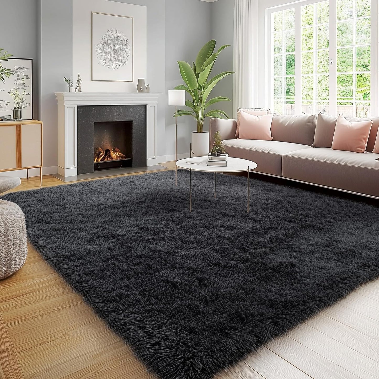 OLANLY Large 5x7 Machine Washable Area Rug - Soft Fluffy Shaggy Carpet for Living Room & Bedroom | Black