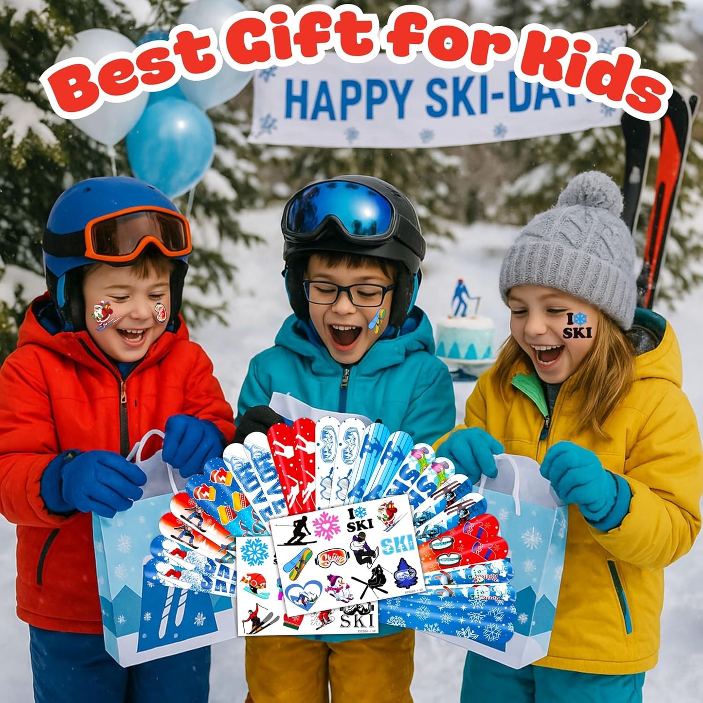 Skiennix Skiing Party Set - 48PCS Fun Winter Sports Supplies | 24 Temporary Tattoos & 24 Slap Bracelets for Kids
