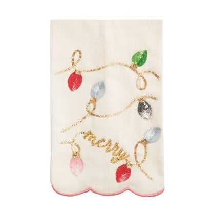 Christmas Light Sequin Hand Towel - Cream Cotton Holiday Kitchen Decor