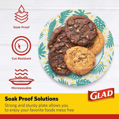 Glad Round Disposable Paper Plates - Soak Proof & Cut Resistant, 10 Inch, Palm Leaves Pattern, 50 Count | Perfect for Parties & Picnics