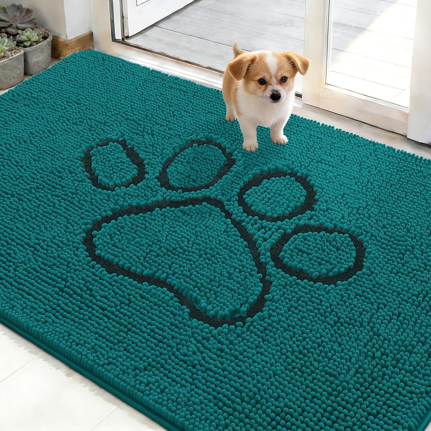 OLANLY Dog Door Mat - Absorbent Non-Slip Mud Mat for Paws | 48x30, Quick Dry Chenille, Lake Blue