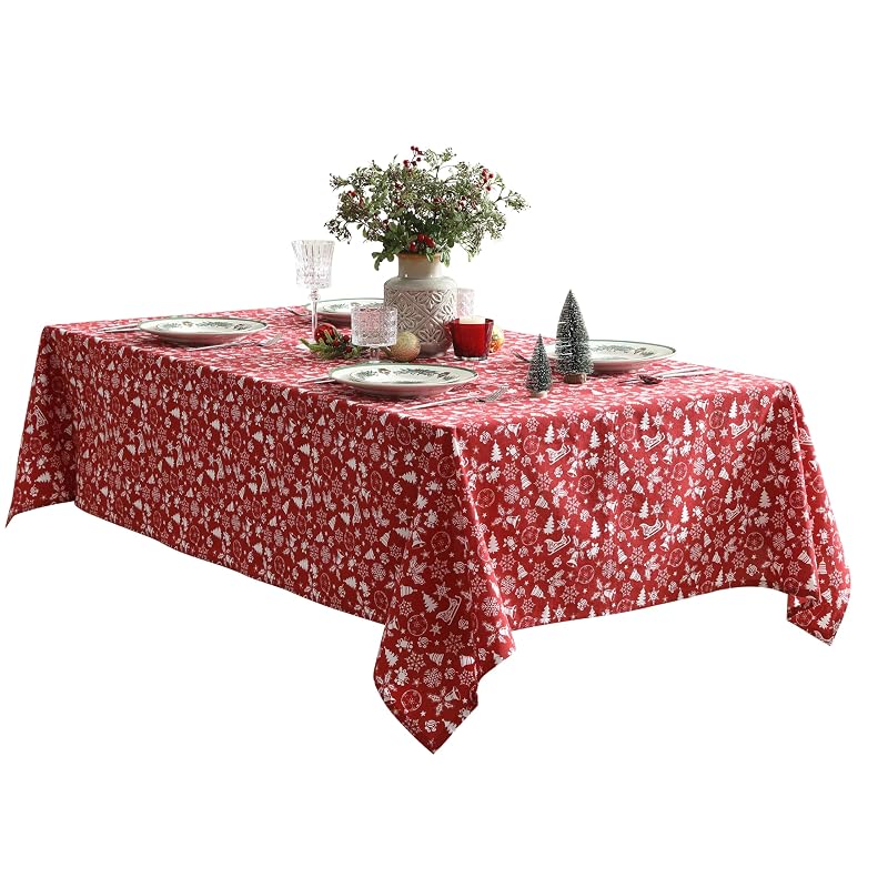 Red 52 x 70 Inch Cotton Blend Tablecloth with Bell & Snowflake Pattern - Holiday Decor