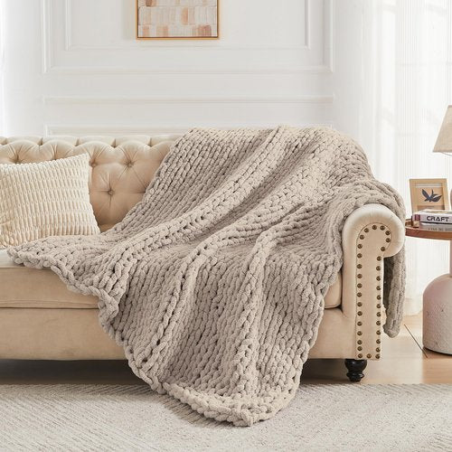 Carriediosa Chunky Knit Throw Blanket 50" X 60", 100% Hand Made Large Chenille Loop Yarn Soft Fluffy Throws for Couch Sofa Bed, Big Crochet Cozy Heavy Thick Cable Woven Blankets, Taupe