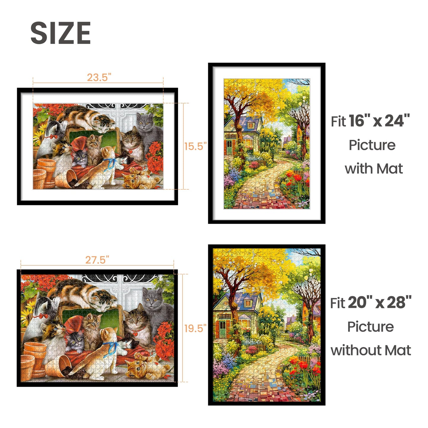 upsimples 20x28 Picture Frame Set of 5, Display Poster 16x24 with Mat or 50.8x71.1 cm Without, Wall Hanging 1000 Pieces Puzzles Frames, Black