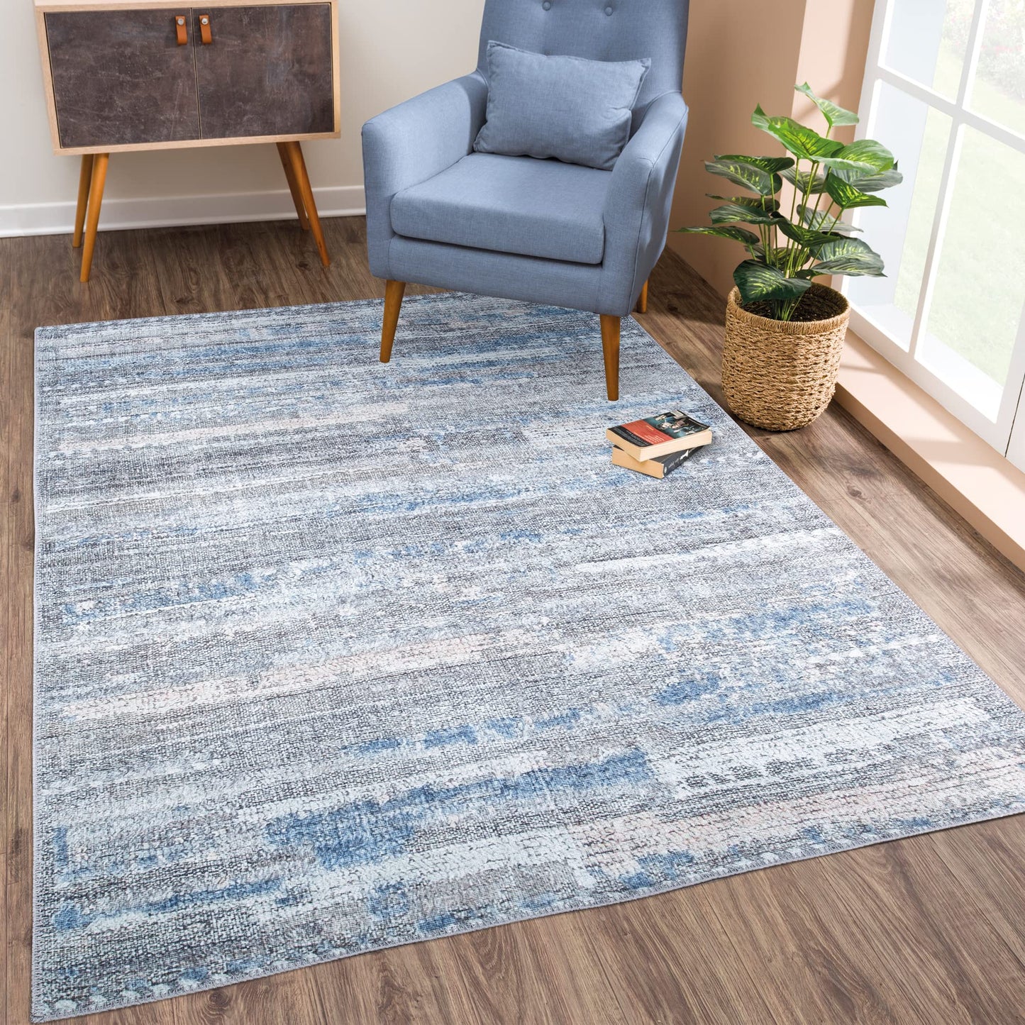 Bloom Rugs Washable Non-Slip 5' x 7' Rug - Gray/Blue/Blush Modern Abstract Area Rug for Living Room, Bedroom, Dining Room, and Kitchen - Exact Size: 5' x 7'