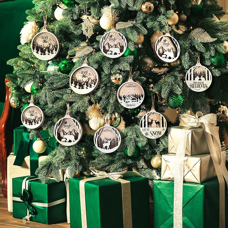 Jetec 6 Pcs Rustic Christmas Ornaments – Round Wooden Deer Forest Decor (Variation: Round Style)
