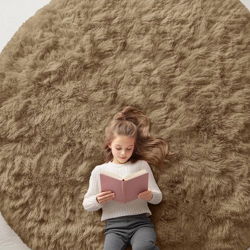OLANLY Taupe Round Rugs for Bedroom - Machine Washable, 8 ft Circle Area Rugs for Living Room, Soft and Fluffy Shaggy Carpet for Teen Girl and Boys, Nursery Rooms, Dorms, Home Decor Aesthetic