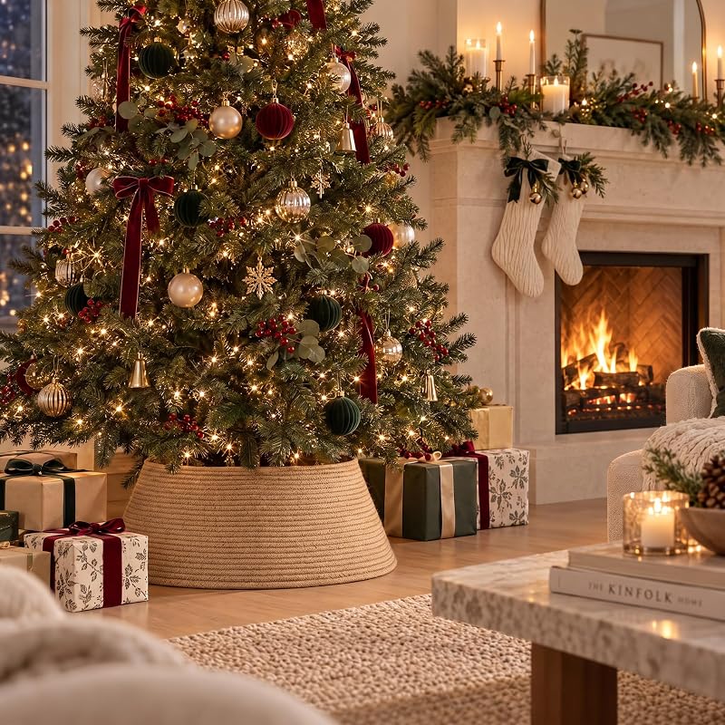 Brown 28" Jute Tree Collar - Modern Christmas Tree Ring, 9" Tall