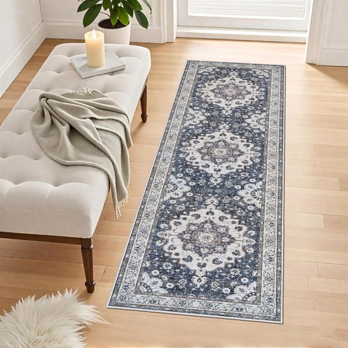 Hallway 2x6 Washable Runner Rug - Vintage Low Pile Blue Oriental Carpet with Non-Slip Backing