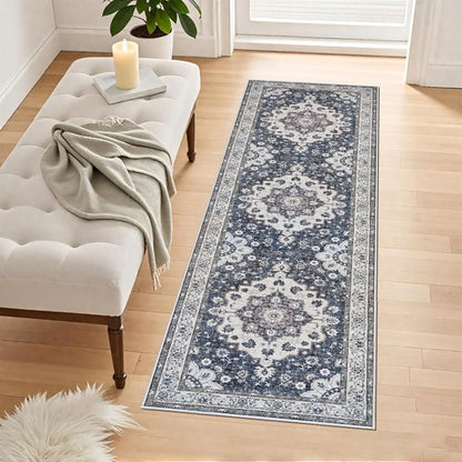 Hallway 2x6 Washable Runner Rug - Vintage Low Pile Blue Oriental Carpet with Non-Slip Backing