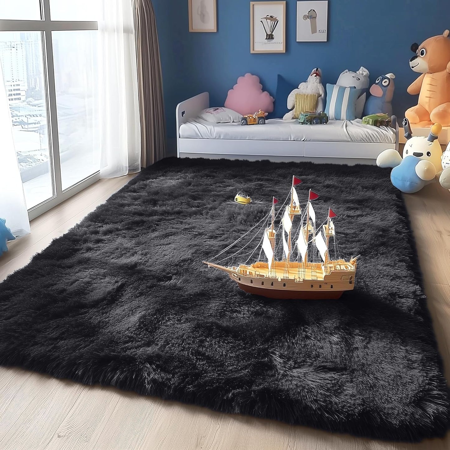 OLANLY Area Rugs - Soft Fluffy Shaggy Indoor Carpet for Living Room & Bedroom | 4x8 Black Design