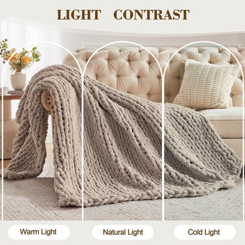 Carriediosa Chunky Knit Throw Blanket 50" X 60", 100% Hand Made Large Chenille Loop Yarn Soft Fluffy Throws for Couch Sofa Bed, Big Crochet Cozy Heavy Thick Cable Woven Blankets, Taupe