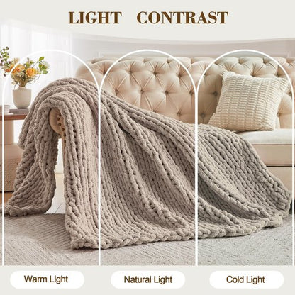 Carriediosa Chunky Knit Throw Blanket 50" X 60", 100% Hand Made Large Chenille Loop Yarn Soft Fluffy Throws for Couch Sofa Bed, Big Crochet Cozy Heavy Thick Cable Woven Blankets, Taupe