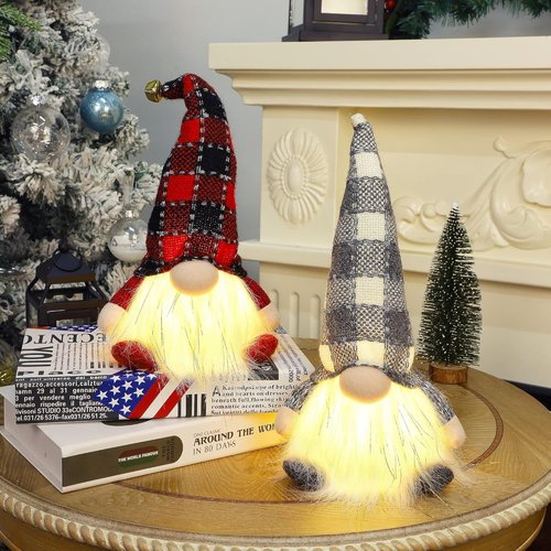 Juegoal Lighted Christmas Gnomes - 12 Inch Handmade Plush Tomte with Buffalo Plaid Hat | Battery Operated Holiday Decor