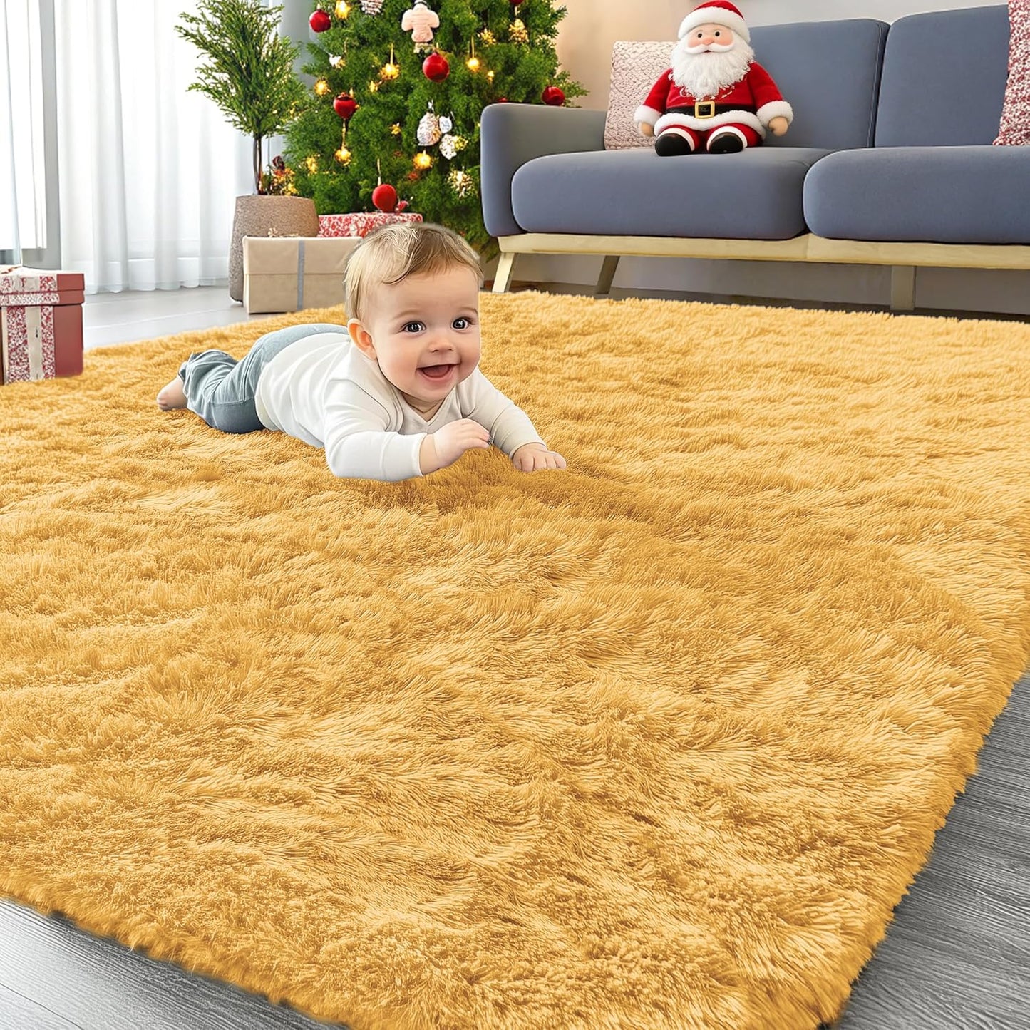OLANLY Area Rugs - Soft Fluffy Shaggy Indoor Carpet for Living Room & Bedroom | 4x5.9 ft Mustard Yellow