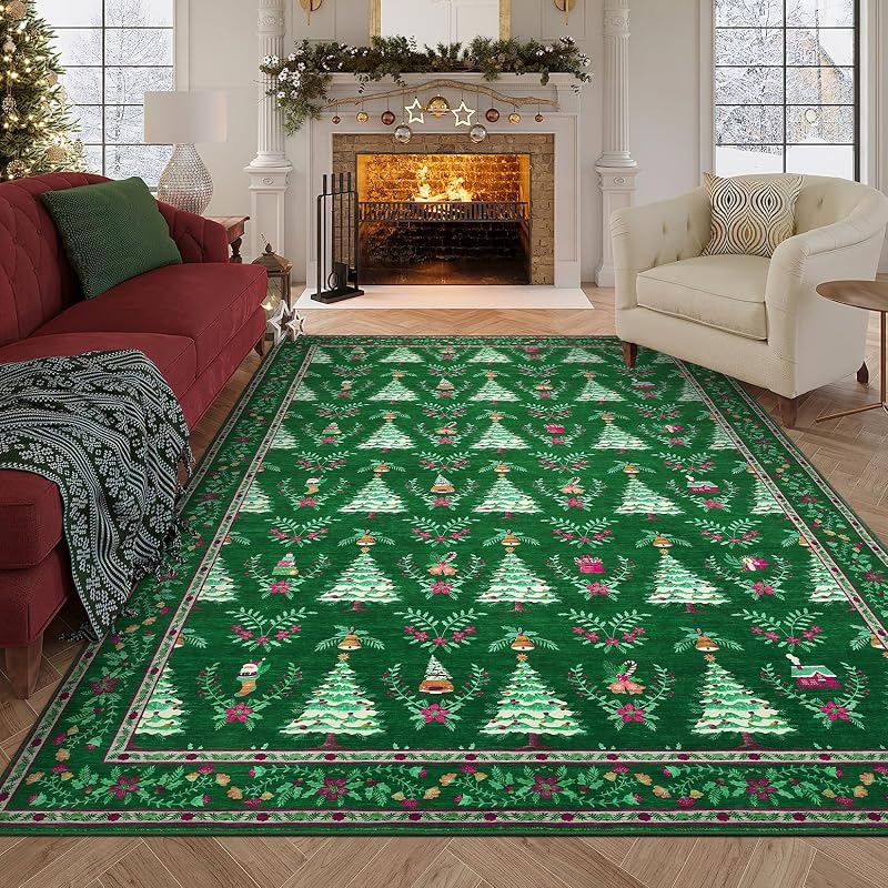 Green Christmas Tree & Floral Rug 8x10, Low-Pile Non-Slip Indoor Accent Rug
