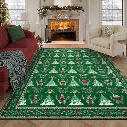 Green Christmas Tree & Floral Rug 8x10, Low-Pile Non-Slip Indoor Accent Rug