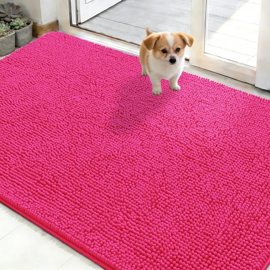 OLANLY Dog Door Mat for Muddy Paws 50x30, Absorbs Moisture and Dirt, Absorbent Non-Slip Washable Doormat, Quick Dry Chenille Mud Mat for Dogs, Entry Indoor Entryway Carpet for Inside Floor, Hot Pink