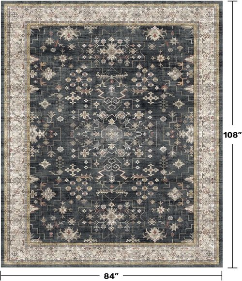 Hazo Haus Boho Area Rug - Washable 7x9 Black Low Pile Non-Slip Dining Room & Bedroom Decor | Stain Resistant
