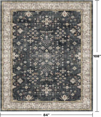 Hazo Haus Boho Area Rug - Washable 7x9 Black Low Pile Non-Slip Dining Room & Bedroom Decor | Stain Resistant