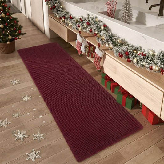 Upgraded Waffle Runner Rug, Super Absorbent Non Slip Bath Mats for Bathroom Floor, Washable Bathroom Runner Rug with Tassels, Ideal for Hallway Bedroom Laundry Room, Burgundy, 2'x 6'(24" x 72")