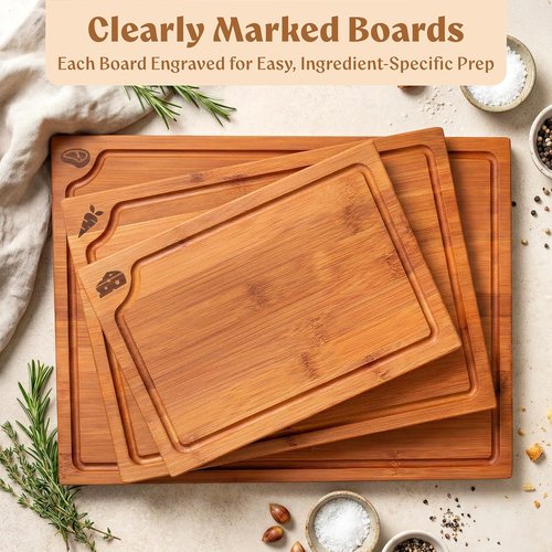 Carbonized Bamboo Cutting Boards - Set of 3 Heat Treated Chopping Boards with Juice Groove & Stand