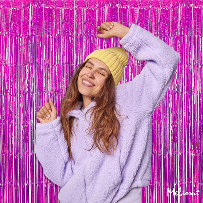 Skiennix 4 Pack Fuchsia Fringe Curtain Backdrop - 3.2Ft x 6.6Ft Metallic Tinsel Streamers for Parties & Events