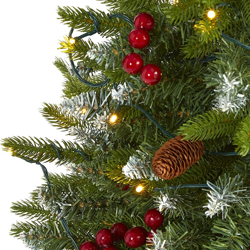Snow Tipped Portland Spruce Prelit Christmas Tree, 4 ft with Frosted Berries & Pinecones - 100 LED Lights