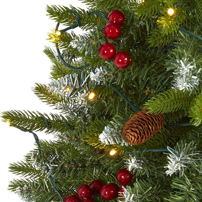 Snow Tipped Portland Spruce Prelit Christmas Tree, 4 ft with Frosted Berries & Pinecones - 100 LED Lights