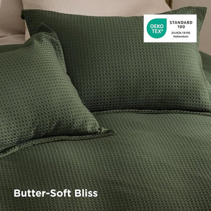 Bedsure Luxury Waffle Duvet Cover - Soft Olive Green Queen Size Bedding Set with 2 Pillow Shams (90"x90")