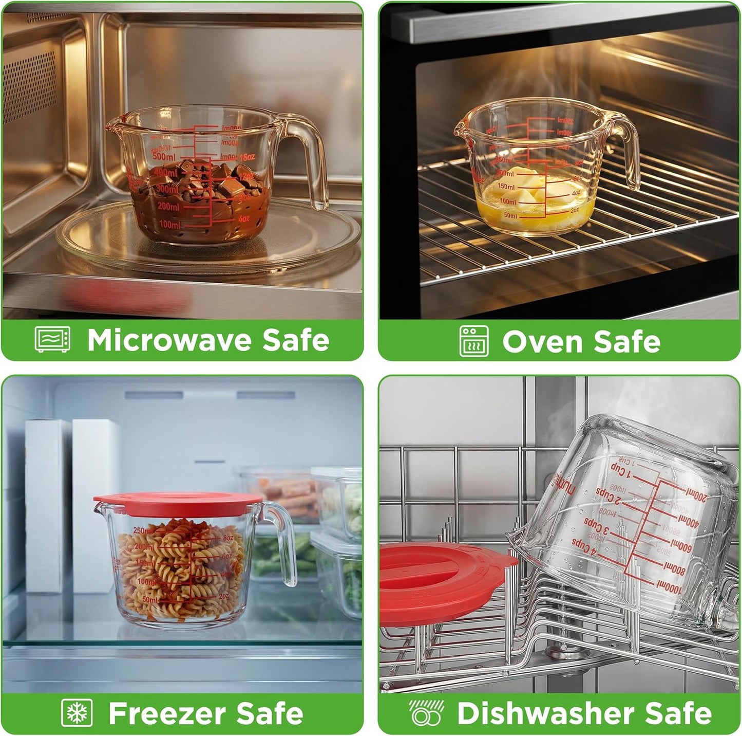 NutriChef Glass Measuring Cup Set - Heat-Resistant Borosilicate with Lids | 1, 2 & 4 Cups (8, 17, 34 oz)