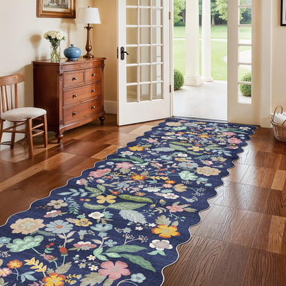 Skiennix 3x10 Long Hallway Runner Rug - Washable Floral Low-Pile Carpet for Entryway & Kitchen | Non-Slip Soft Mat in Purple