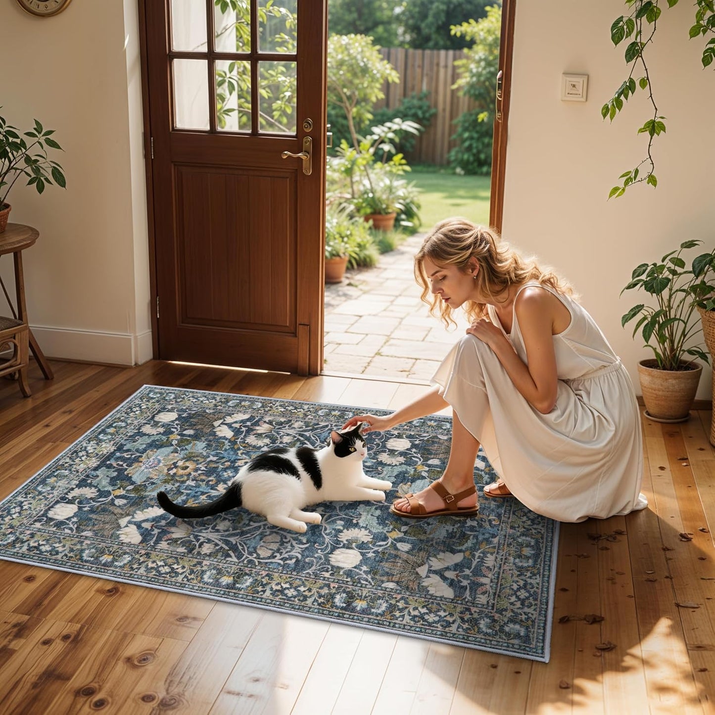 Skiennix 4x6 Living Room Area Rug - Washable Boho Non-Slip Floral Carpet for Bedroom & Kitchen