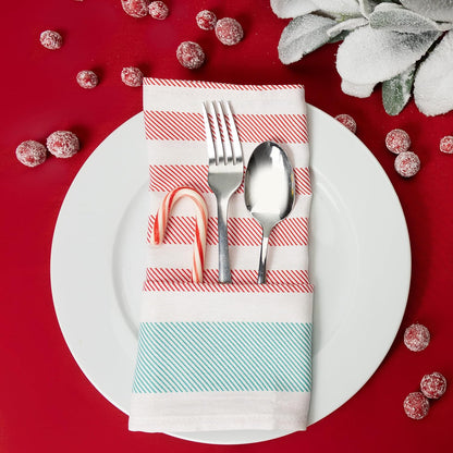 PERLLI Christmas Kitchen Cloth Napkins - 12 Pack 100% Cotton, 18x18 Inches | Washable Red, White & Green Table Linens
