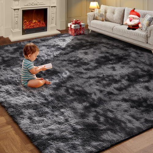 Large Area Rugs for Living Room, 6x9 Feet Fluffy Shag Fuzzy Plush Soft Bedroom Area Rugs, Indoor Floor Carpet for Kids Boys Girls Dorm Nursery Home Decor Aesthetic, Tie-Dyed Dark Gray