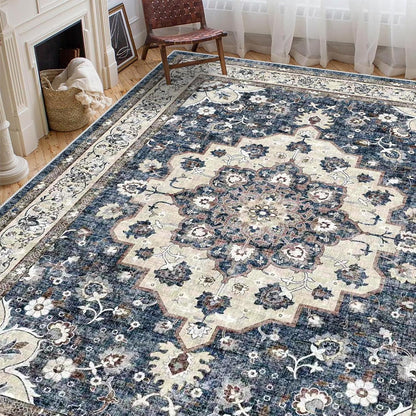 Skiennix Washable Area Rug - 9 x 12 Stain Resistant Medallion Design | Soft Non-Shedding Carpet for Indoor/Outdoor Use (Blue)