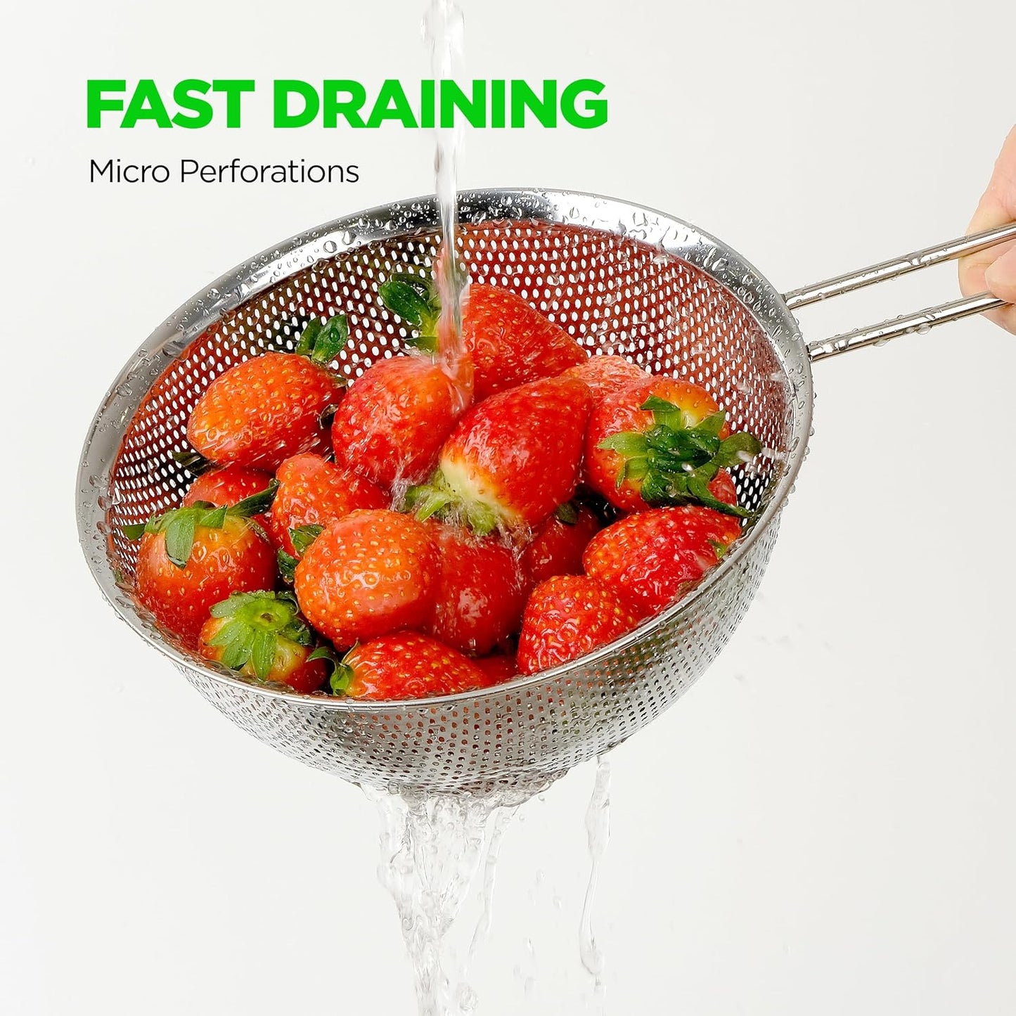 Premium 18/8 304 Stainless Steel Strainer Set of 3 - Micro-Perforated Design with Long Handle | Self-Draining Base for Pasta, Rice, Vegetables (1.5, 2.5, 4 Qt) - Made in Korea