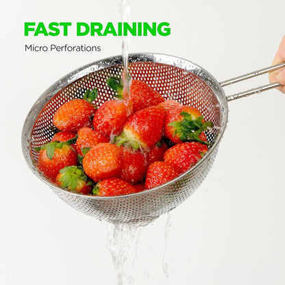 Premium 18/8 304 Stainless Steel Strainer Set of 3 - Micro-Perforated Design with Long Handle | Self-Draining Base for Pasta, Rice, Vegetables (1.5, 2.5, 4 Qt) - Made in Korea