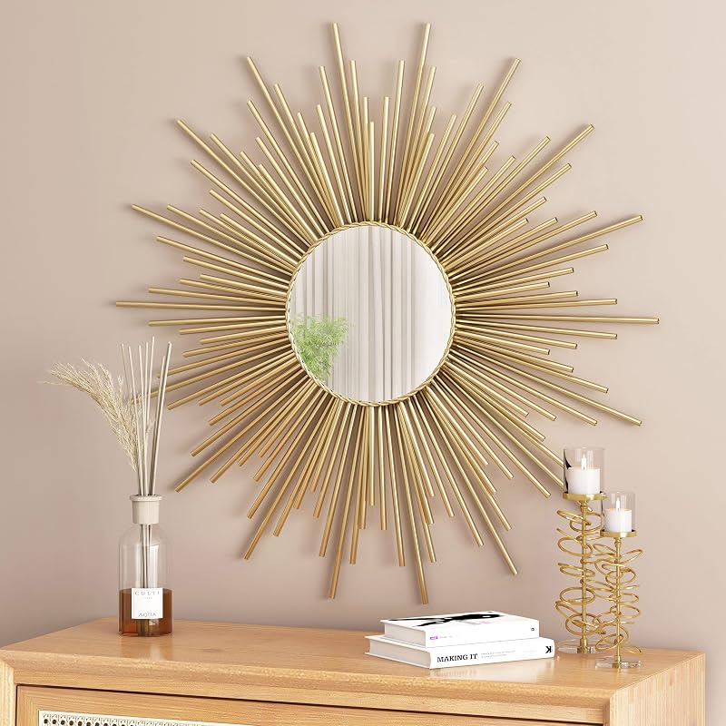 Sunburst Wall Mirror - Gold Iron Frame, 32.25"