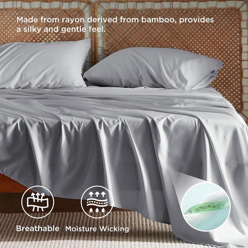 Bedsure California King Sheet Set - Cooling Rayon Sheets from Bamboo | Breathable, Soft & Deep Pocket 16" - Silver Grey