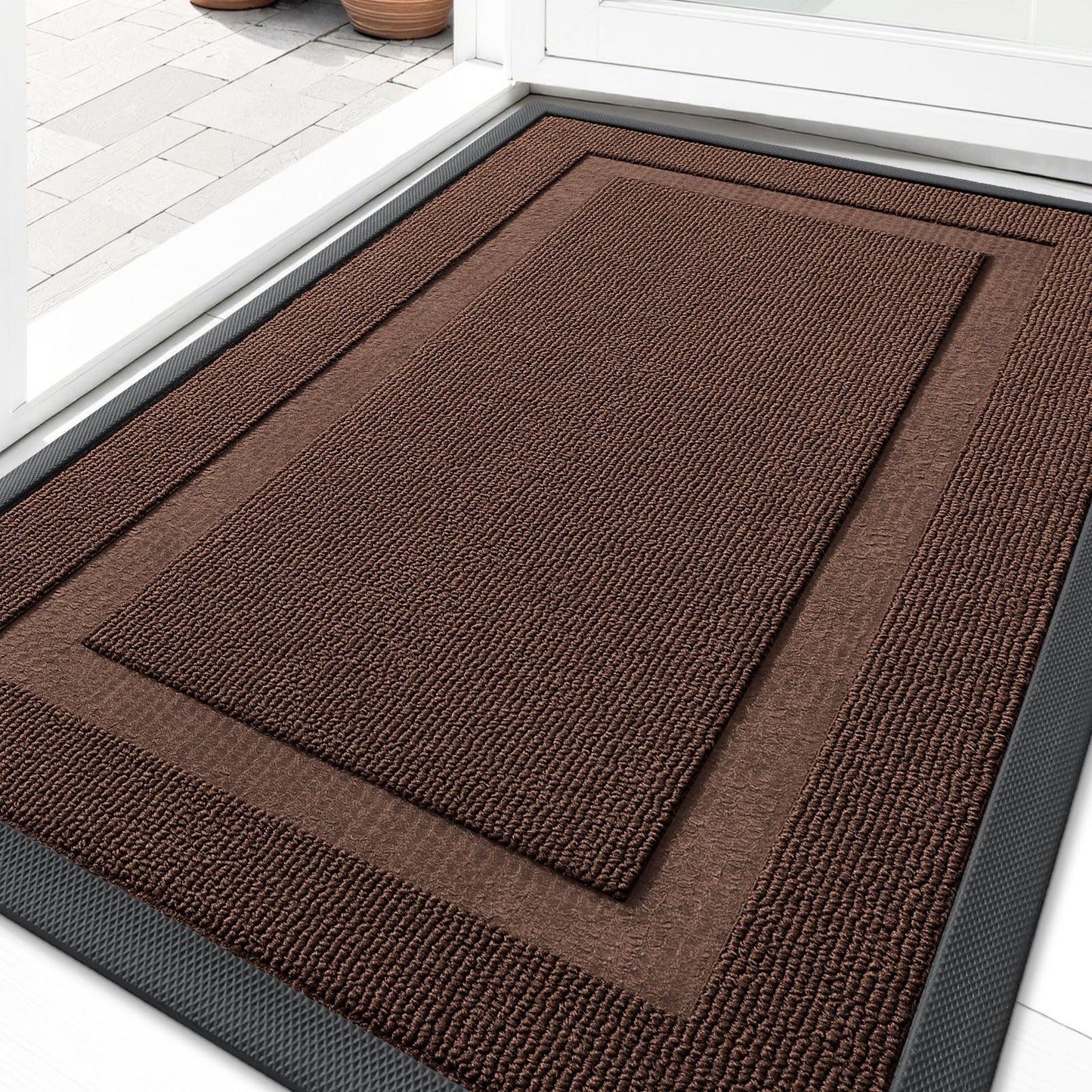 OLANLY Front Door Mat Indoor Outdoor Entrance, Waterproof All-Season, All-Weather Doormat, Sturdy Natural Rubber, Low Profile, Easy Clean Patio Porch Entryway Mat, 71x47, Chocolate Brown