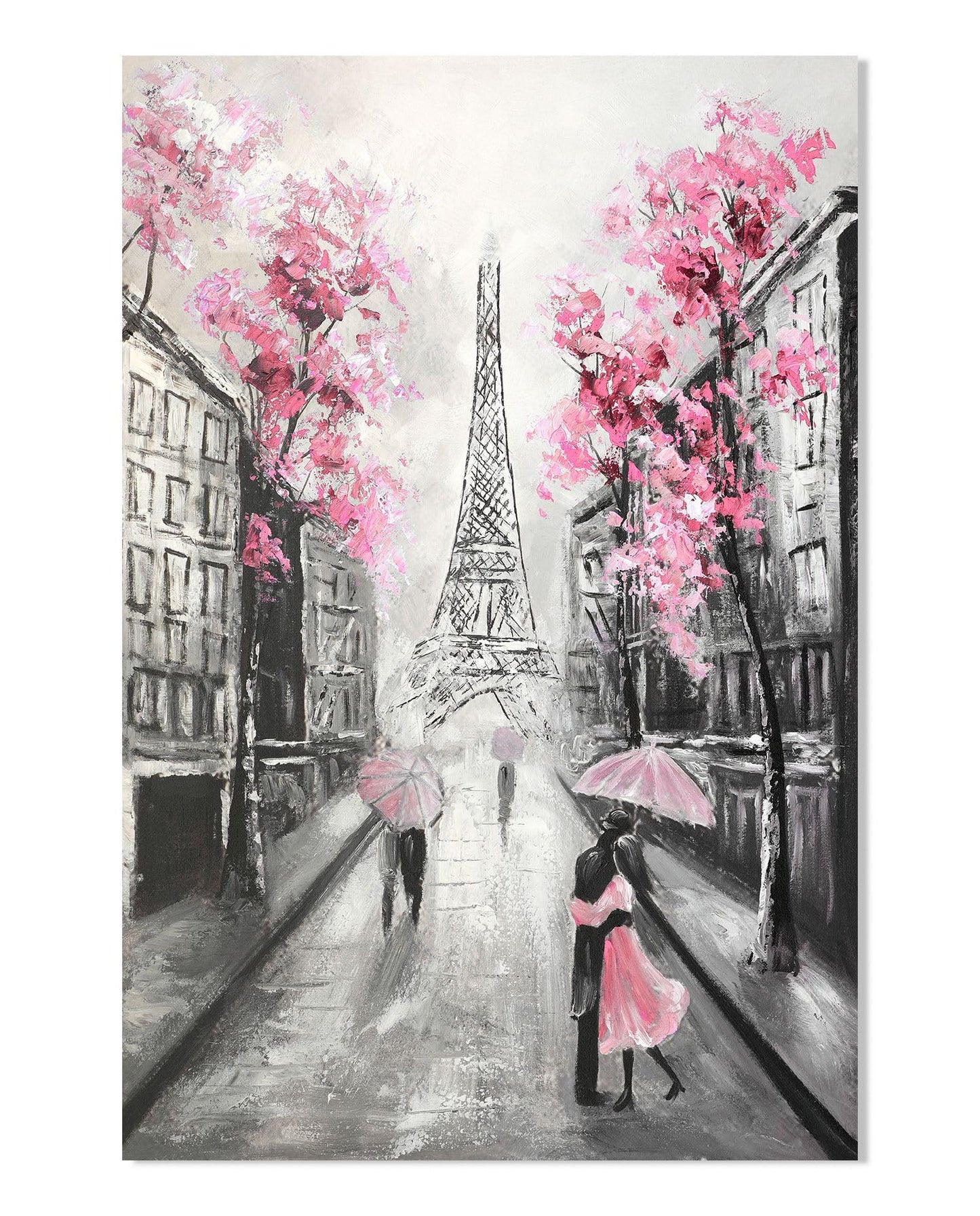 YPY Abstract Paris Canvas Wall Art: Black White Eiffel Tower Hand Painted Oil Painting, Pink and Grey Picture Print Room Decor for Teen Girls Bedroom Bathroom 24" x 36"
